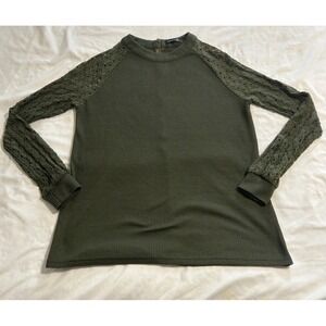 Miholl Women Olive Green Waffle Knit Top Eyelet Lace Long Sleeve Mock Neck M